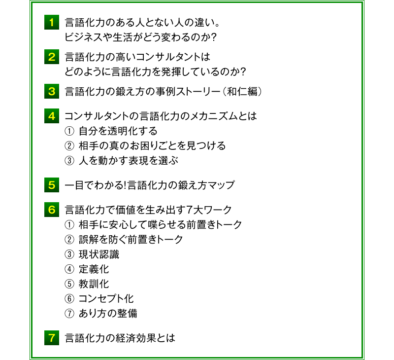 1、言語化力のある人とない人の違い。ビジネスや生活がどう変わるのか？　2、言語化力の高いコンサルタントはどのように言語化力を発揮しているのか？　3、言語化力の鍛え方の事例ストーリー（和仁編）　4、コンサルタントの言語化力のメカニズムとは　①自分を透明化する、②相手の真のお困りごとを見つける、③人を動かす表現を選ぶ　5、一目でわかる！言語化力の鍛え方マップ　6、言語化力で価値を生み出す7大ワーク　①相手に安心して喋らせる前置きトーク ②誤解を防ぐ前置きトーク ③現状認識 ④定義化 ⑤教訓化 ⑥コンセプト化 ⑦あり方の整備　7、言語化力の経済効果とは