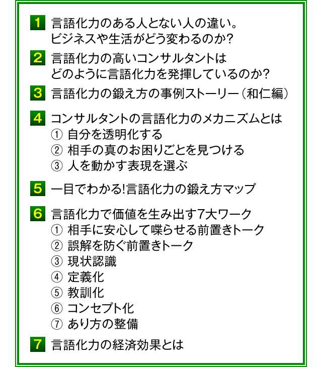 1、言語化力のある人とない人の違い。ビジネスや生活がどう変わるのか？　2、言語化力の高いコンサルタントはどのように言語化力を発揮しているのか？　3、言語化力の鍛え方の事例ストーリー（和仁編）　4、コンサルタントの言語化力のメカニズムとは　①自分を透明化する、②相手の真のお困りごとを見つける、③人を動かす表現を選ぶ　5、一目でわかる！言語化力の鍛え方マップ　6、言語化力で価値を生み出す7大ワーク　①相手に安心して喋らせる前置きトーク ②誤解を防ぐ前置きトーク ③現状認識 ④定義化 ⑤教訓化 ⑥コンセプト化 ⑦あり方の整備　7、言語化力の経済効果とは