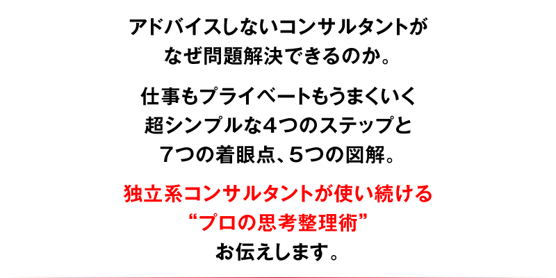 アドバイスしないコンサルタントがなぜ問題解決できるのか。仕事もプライベートもうまくいく超シンプルな4つのステップと7つの着眼点、5つの図解。独立系コンサルタントが使い続ける“プロの思考整理術”お伝えします。